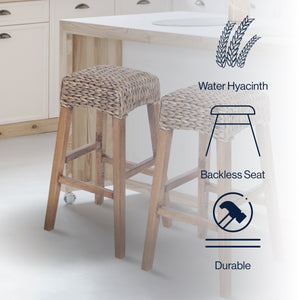 Maui Rustic Bohemian Hyacinth/Wood Backless Bar Stool
