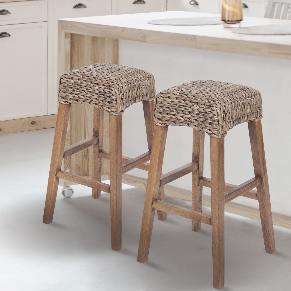 Maui-Rustic-Bohemian-Hyacinth/Wood-Backless-Bar-Stool-Table-&-Bar-Stools