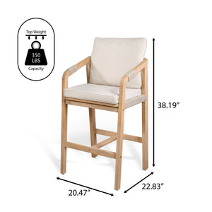 Porto Modern Coastal Tub Roped Acacia Wood Outdoor Bar Stool with Cushions and Armrests