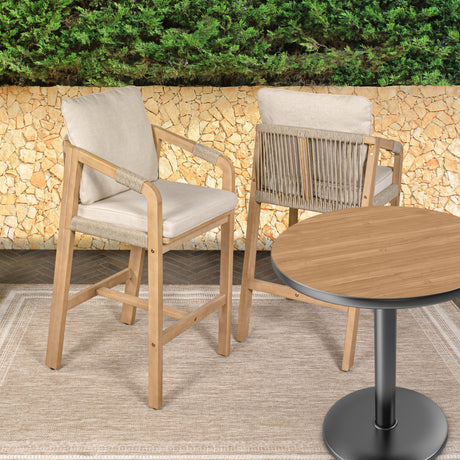 Porto Modern Coastal Tub Roped Acacia Wood Outdoor Bar Stool with Cushions and Armrests