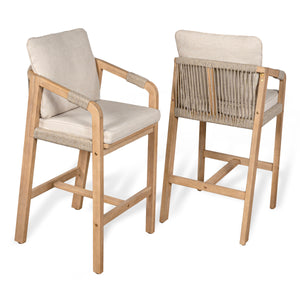 Porto Modern Coastal Tub Roped Acacia Wood Outdoor Bar Stool with Cushions and Armrests