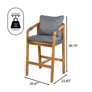 Porto Modern Coastal Tub Roped Acacia Wood Outdoor Bar Stool with Cushions and Armrests