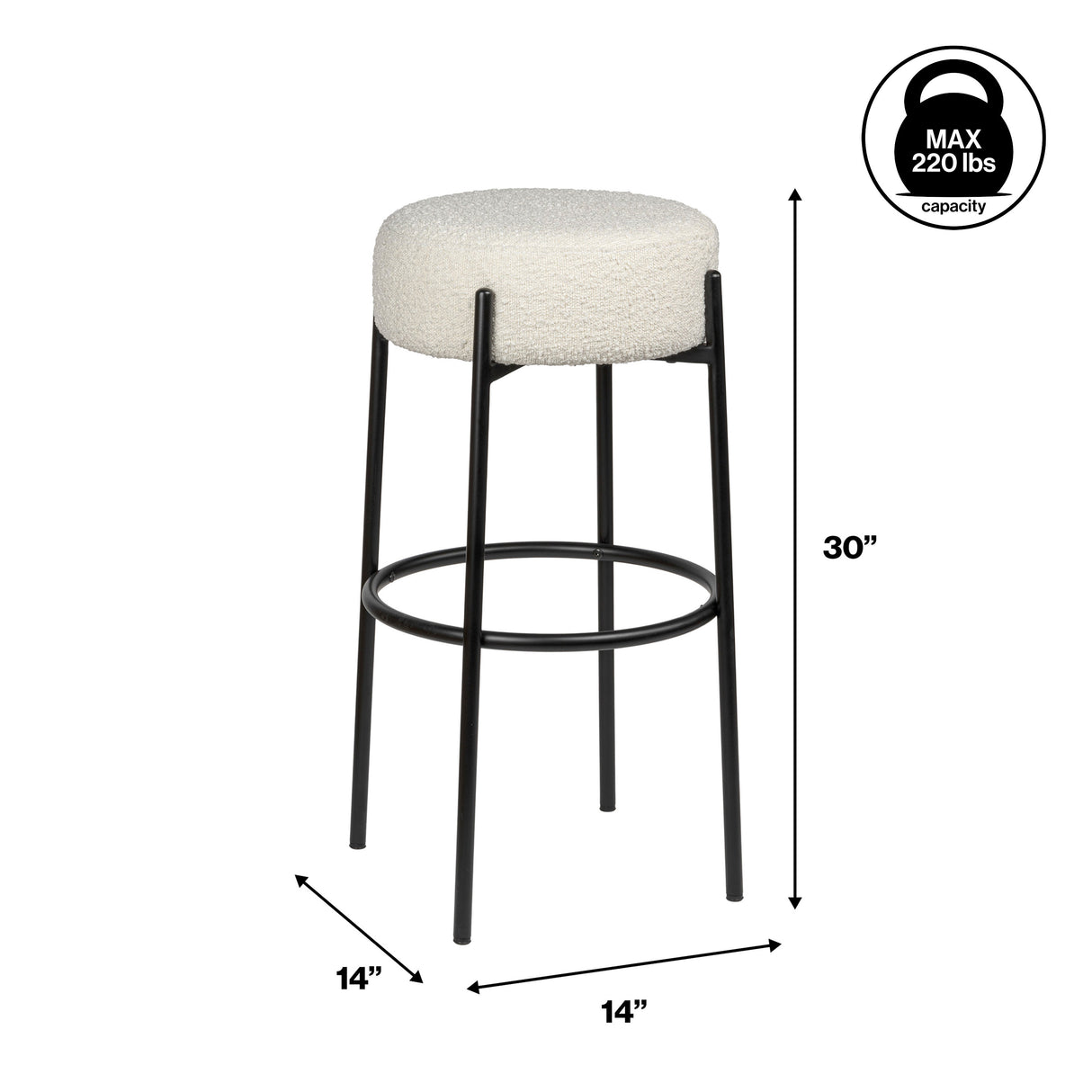 Paola Modern Minimalist Round Backless Metal/Bouclé Cushioned Bar Stool