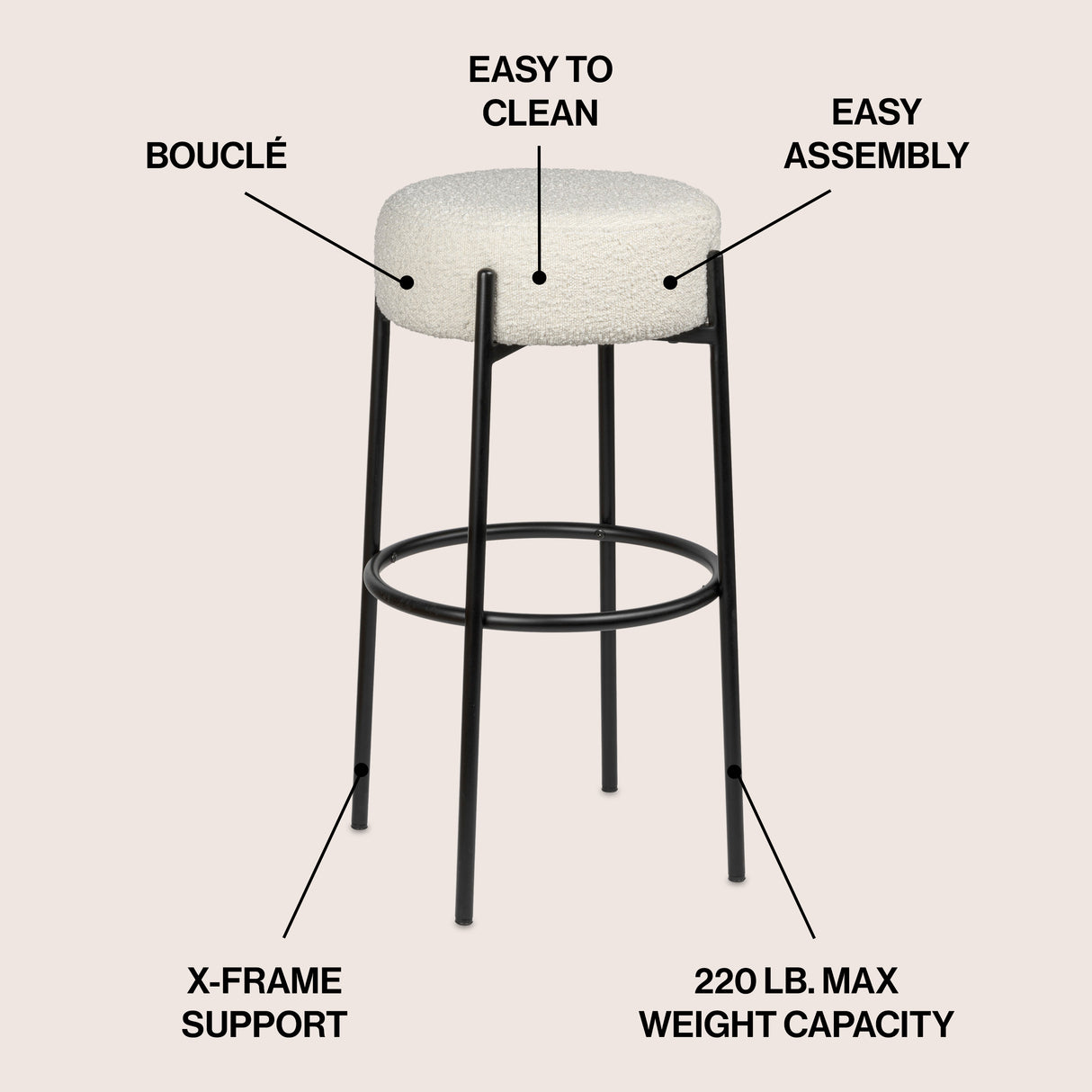 Paola Modern Minimalist Round Backless Metal/Bouclé Cushioned Bar Stool