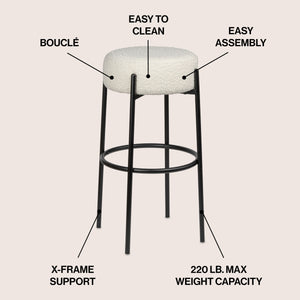 Paola Modern Minimalist Round Backless Metal/Bouclé Cushioned Bar Stool