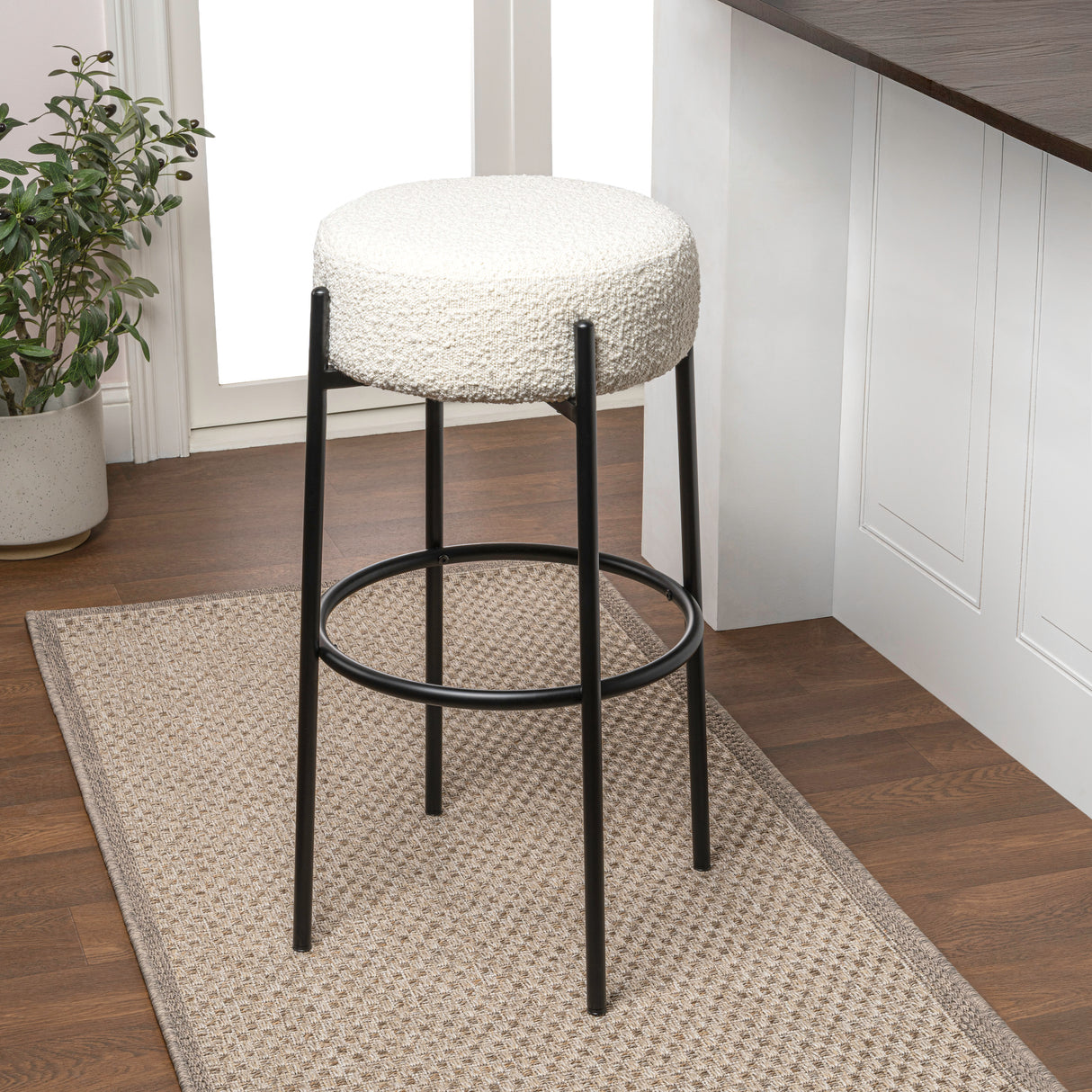 Paola Modern Minimalist Round Backless Metal/Bouclé Cushioned Bar Stool