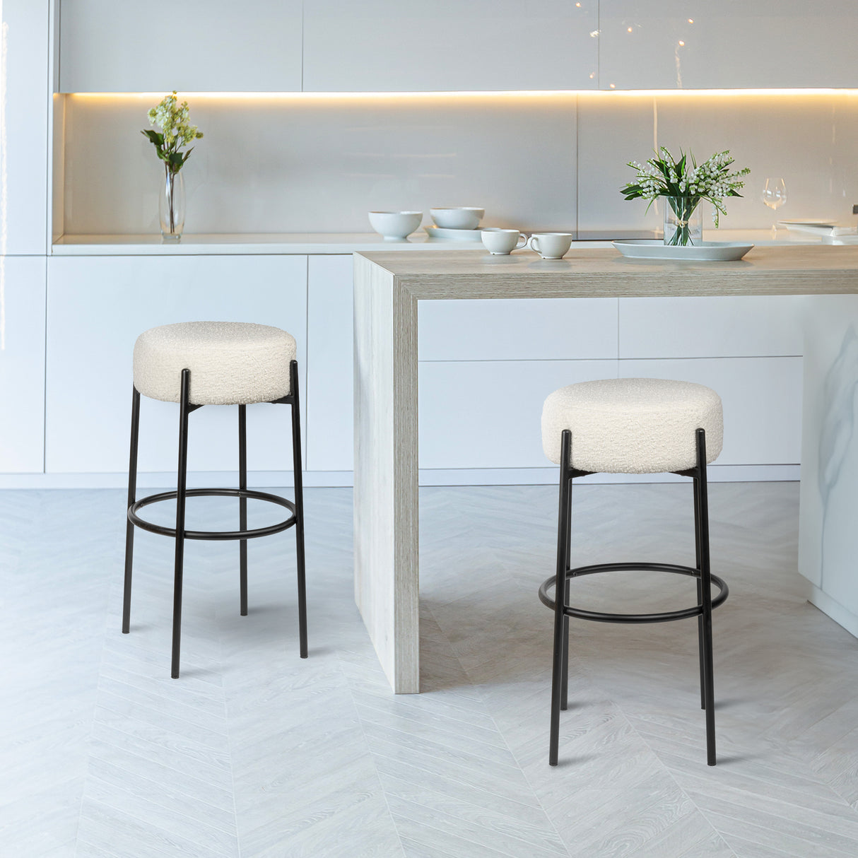 Paola Modern Minimalist Round Backless Metal/Bouclé Cushioned Bar Stool