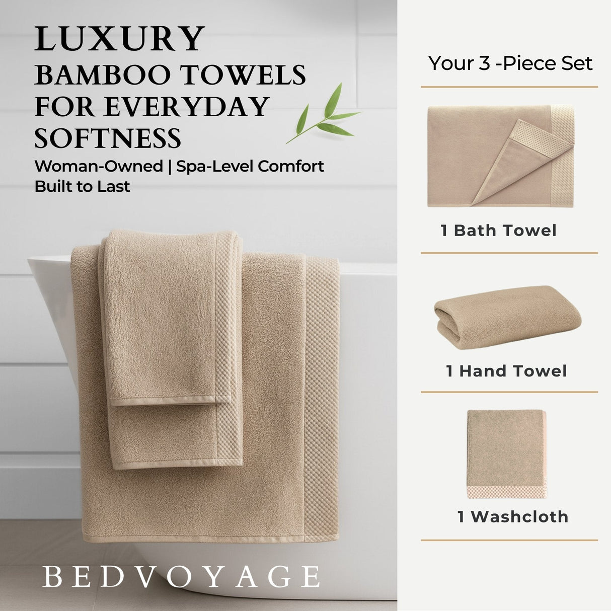 Bamboo Cotton Towel Set - Viscose from Bamboo + Cotton - 3pc - Champagne by BedVoyage