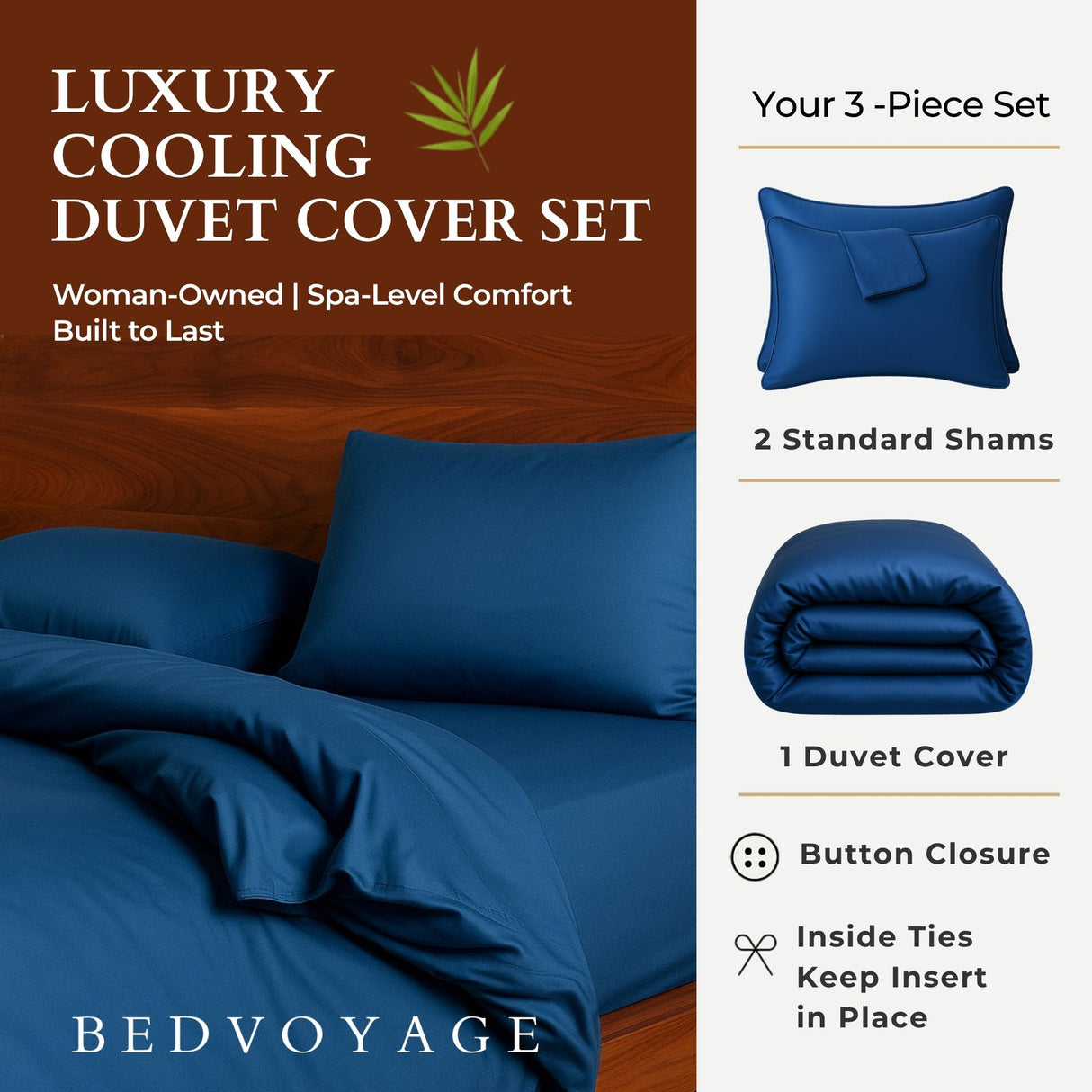 Bamboo Duvet Cover Set - 100% Viscose from Bamboo - 3pc - Indigo by BedVoyage