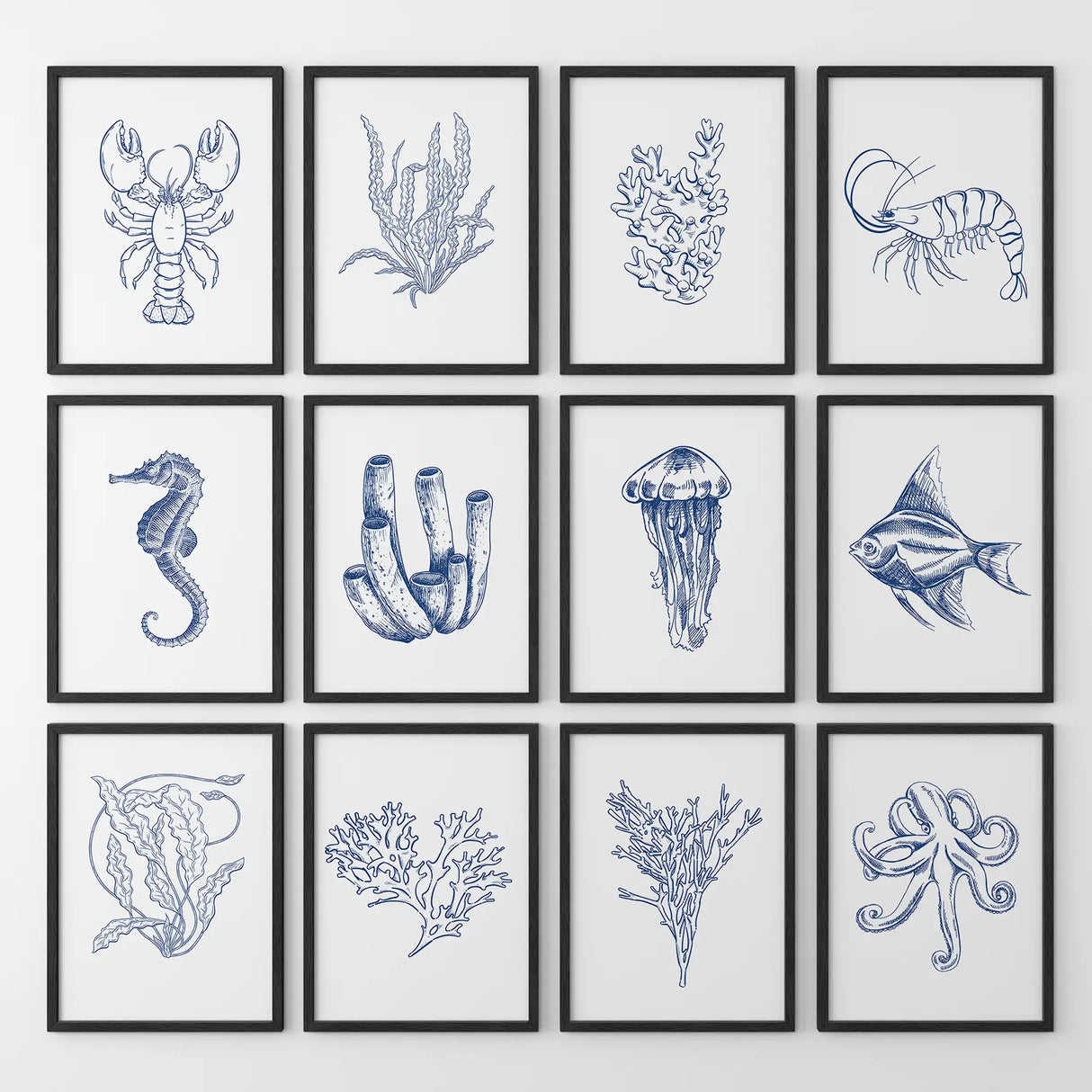 Nautical Modern Marine Life Wall Art. Navy Blue Set of 12