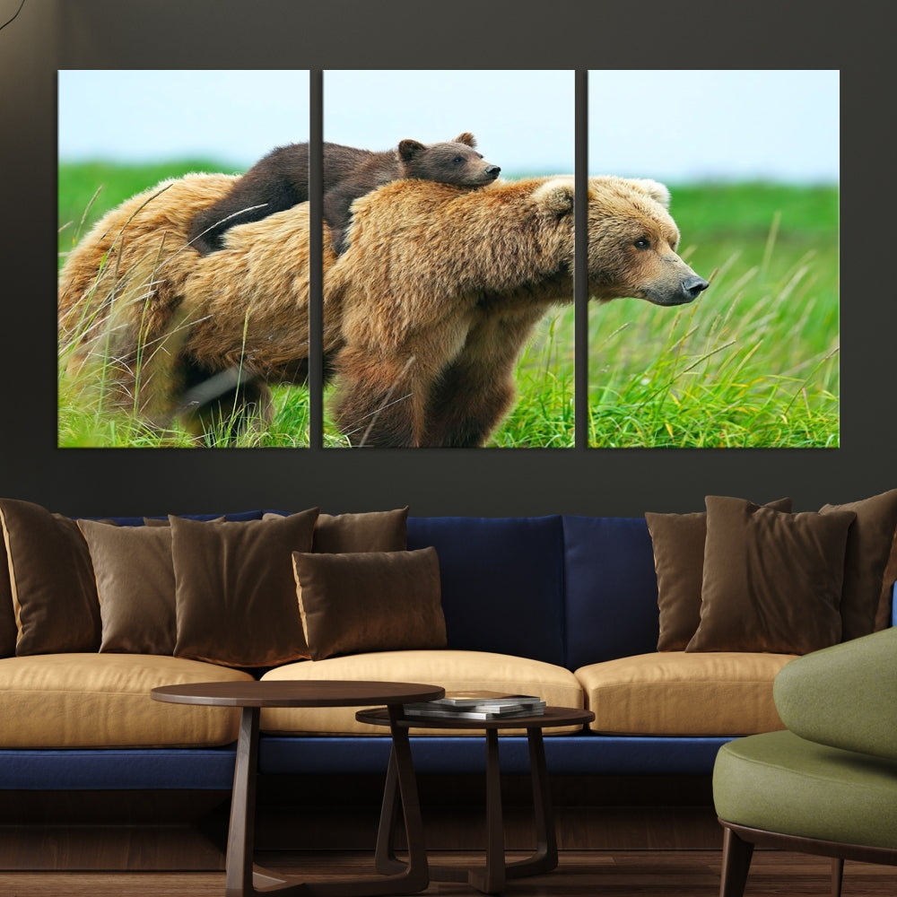 Bear and Cub Canvas Print Black and White Animal Wall Art