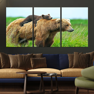 Bear and Cub Canvas Print Black and White Animal Wall Art