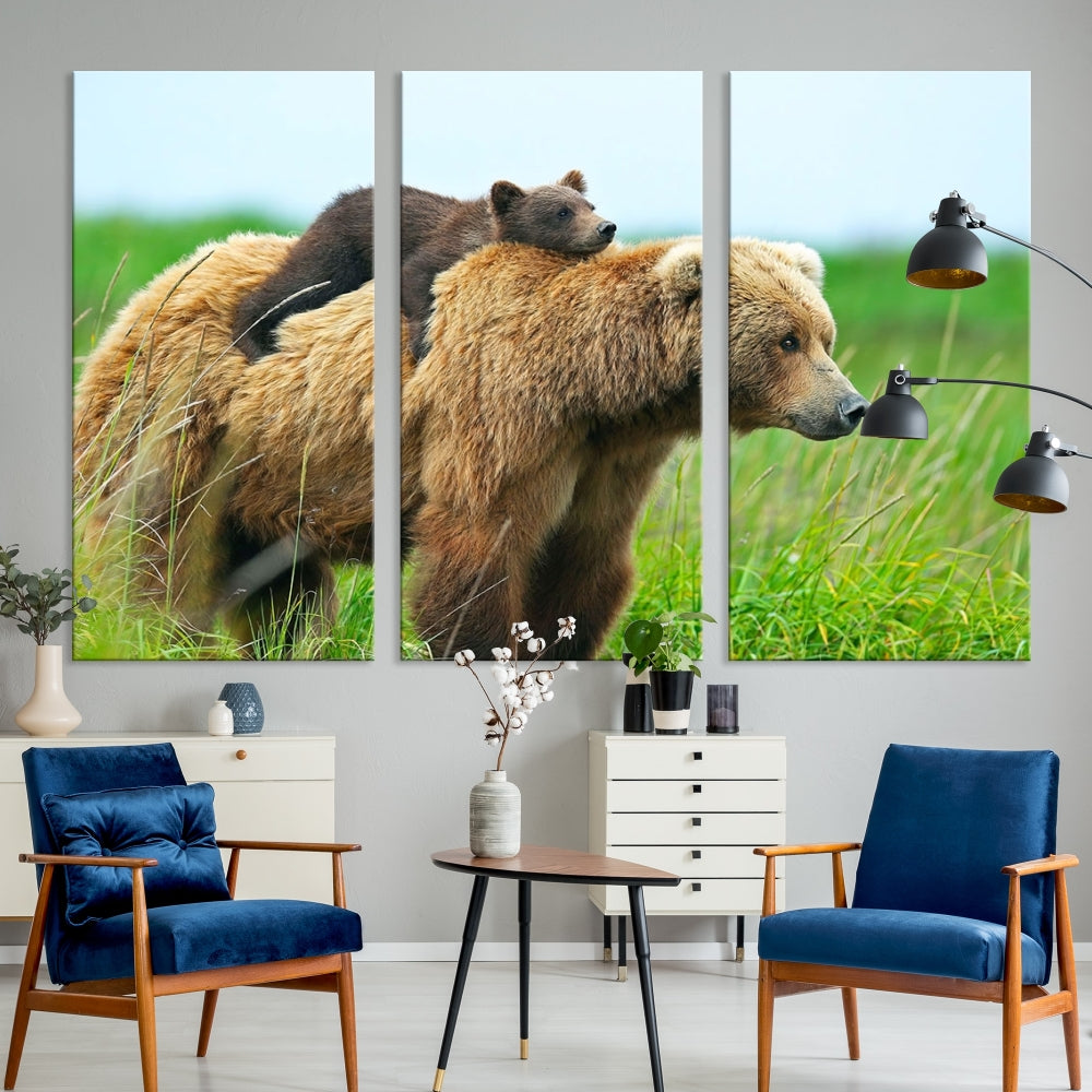 Bear and Cub Canvas Print Black and White Animal Wall Art