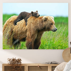 Bear and Cub Canvas Print Black and White Animal Wall Art