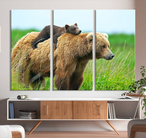 Bear and Cub Canvas Print Black and White Animal Wall Art