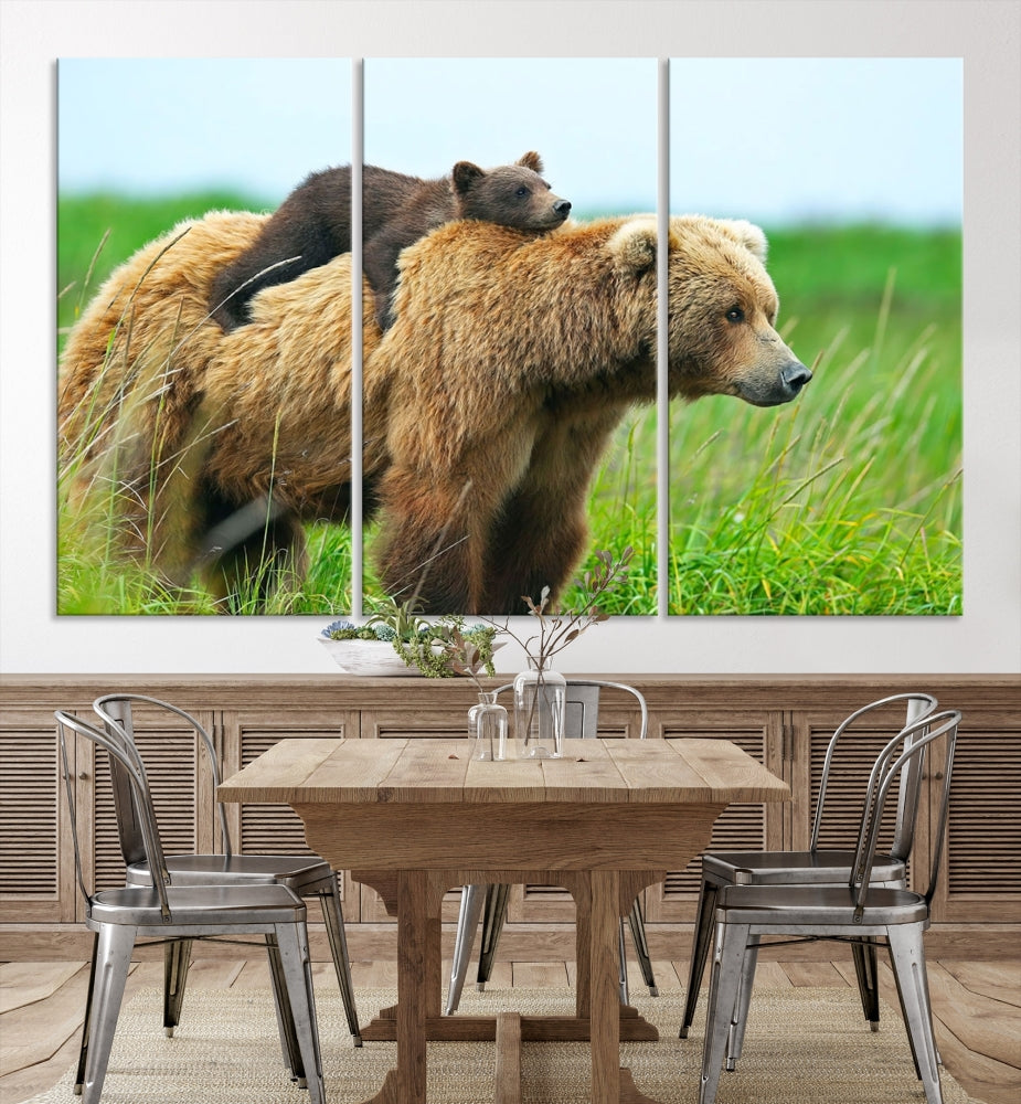 Bear and Cub Canvas Print Black and White Animal Wall Art