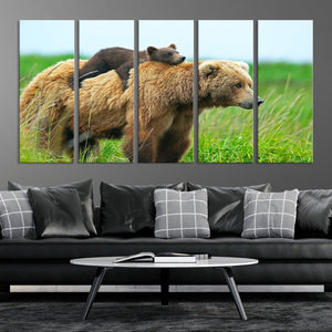 Bear and Cub Canvas Print Black and White Animal Wall Art