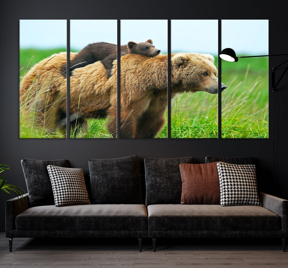 Bear and Cub Canvas Print Black and White Animal Wall Art