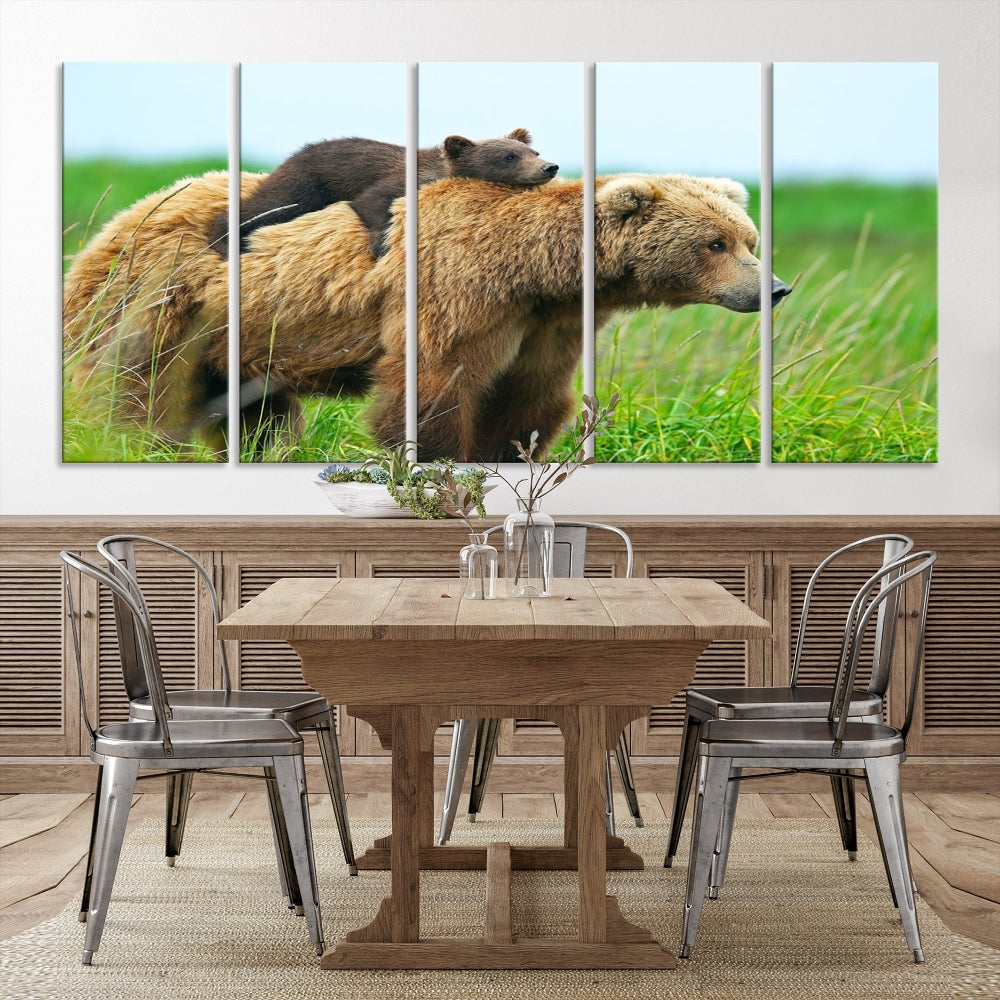 Bear and Cub Canvas Print Black and White Animal Wall Art