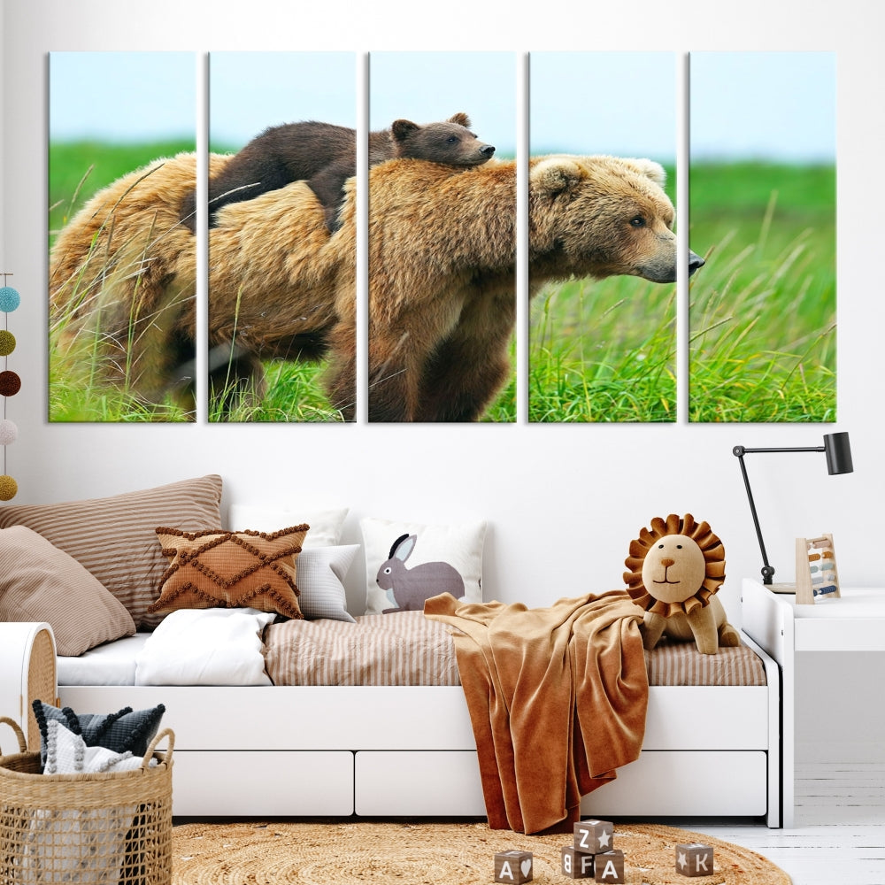 Bear and Cub Canvas Print Black and White Animal Wall Art