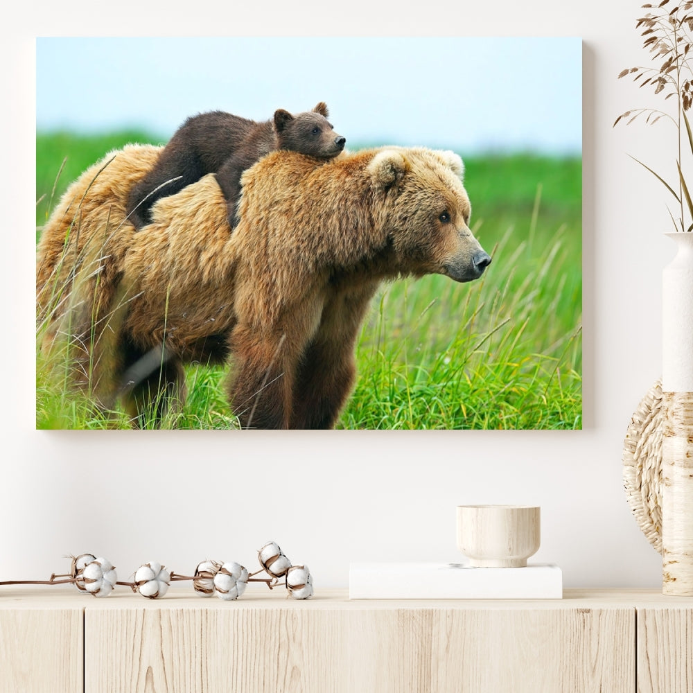 Bear and Cub Canvas Print Black and White Animal Wall Art