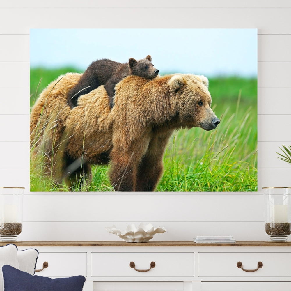 Bear and Cub Canvas Print Black and White Animal Wall Art