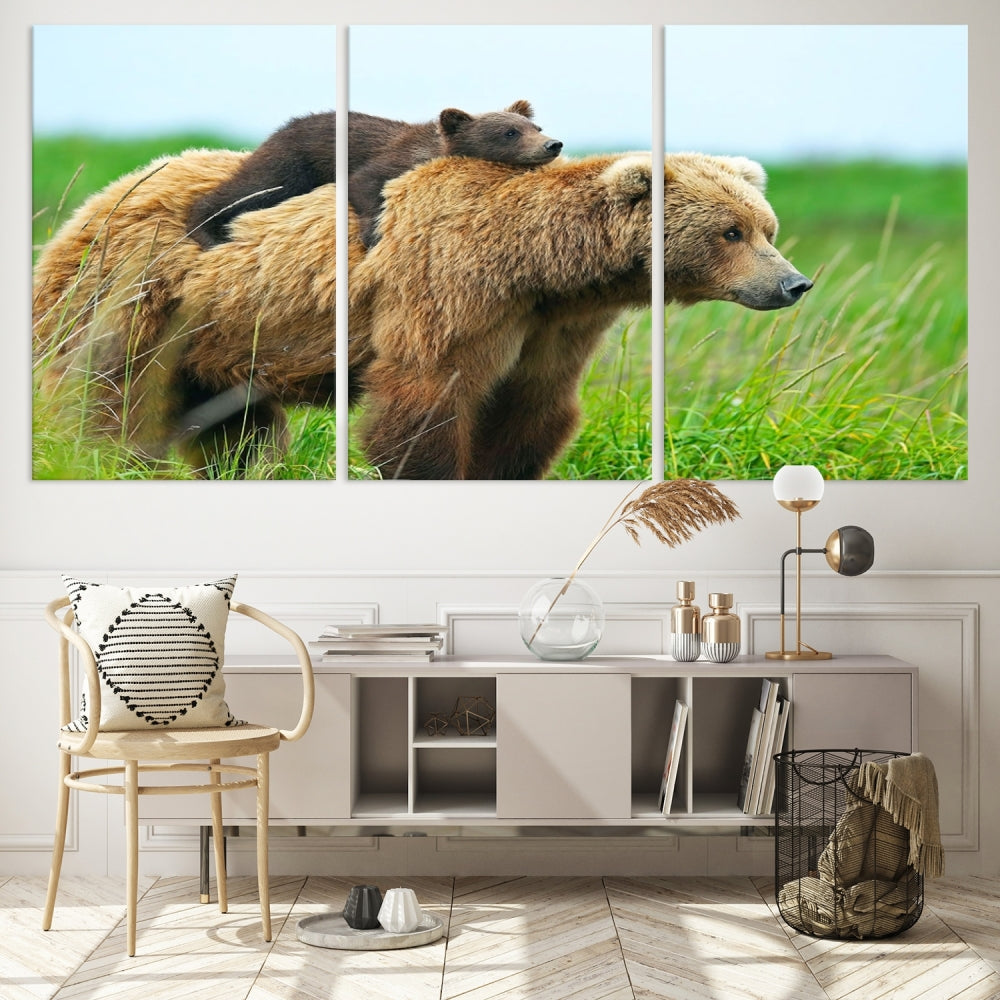 Bear and Cub Canvas Print Black and White Animal Wall Art
