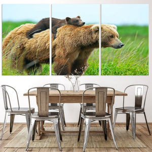Bear and Cub Canvas Print Black and White Animal Wall Art