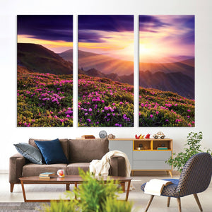 Beautiful Mountain Sunset Landscape with Purple Flowers