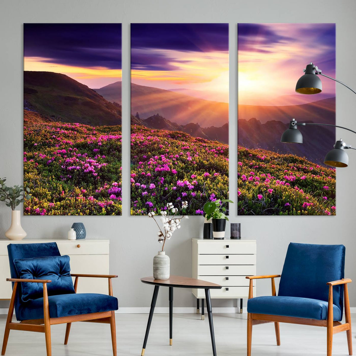 Beautiful Mountain Sunset Landscape with Purple Flowers