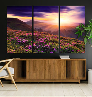 Beautiful Mountain Sunset Landscape with Purple Flowers
