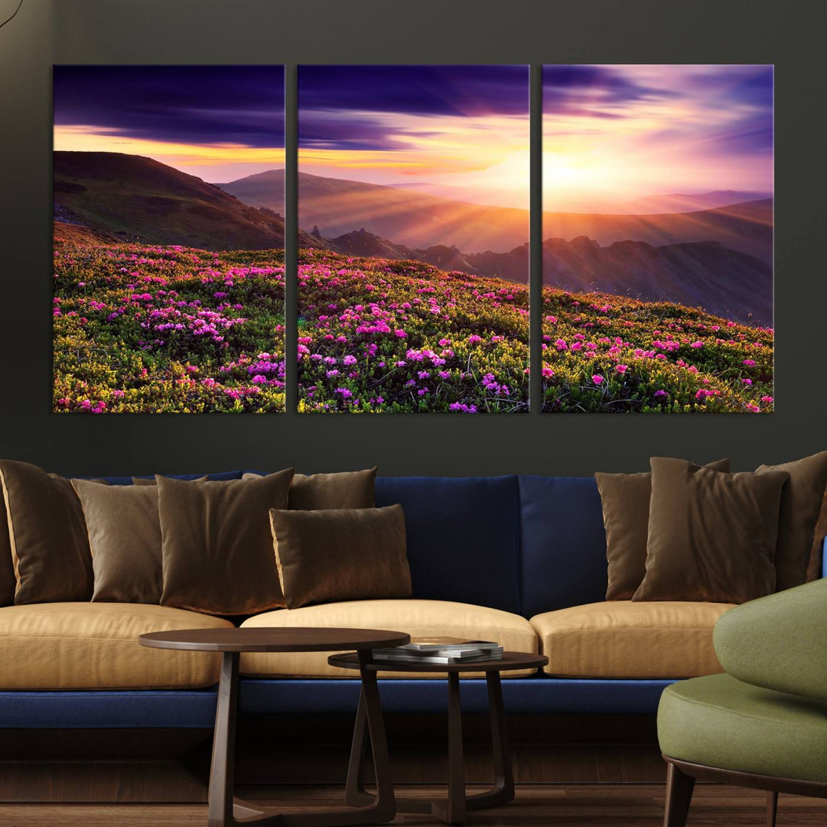 Beautiful Mountain Sunset Landscape with Purple Flowers