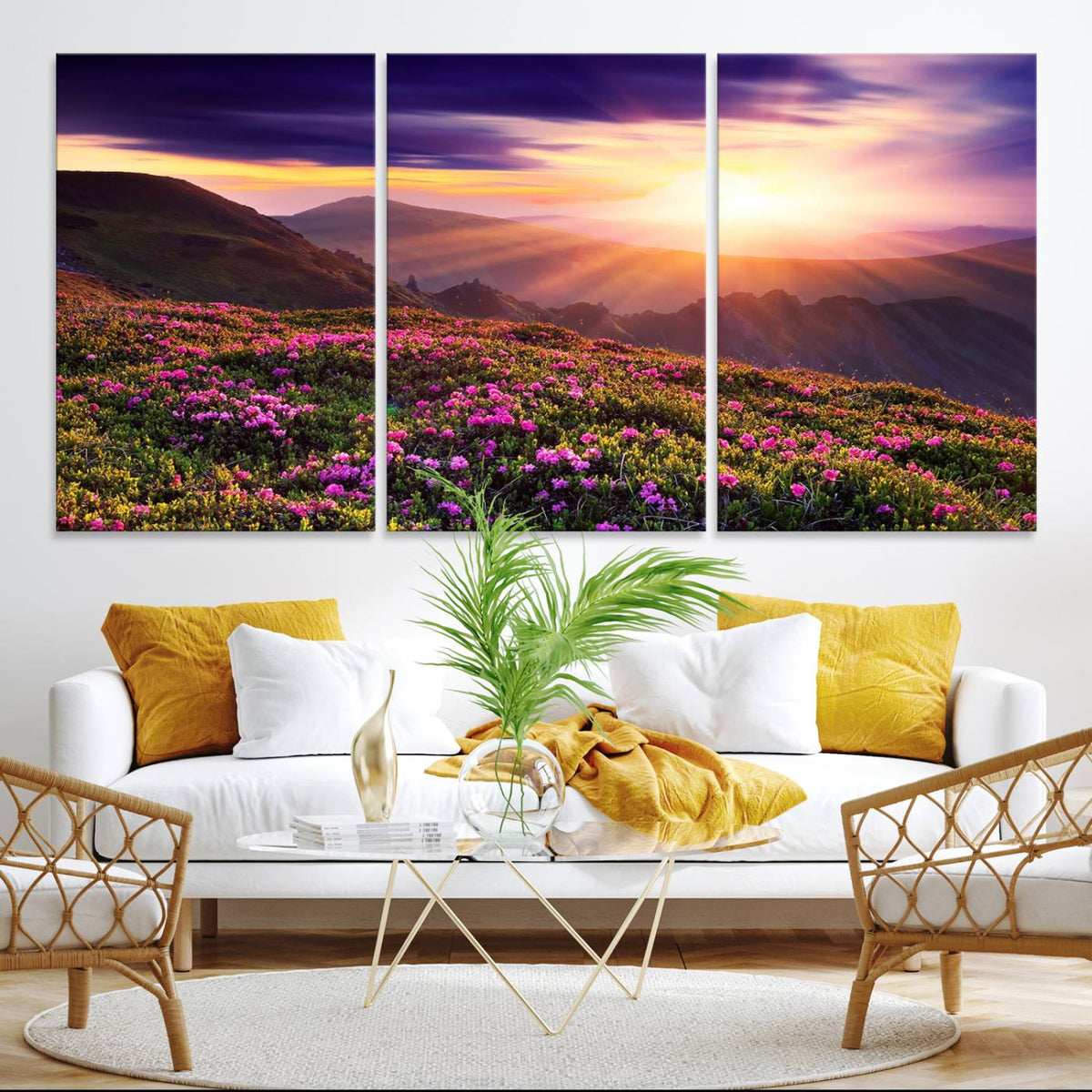 Beautiful Mountain Sunset Landscape with Purple Flowers