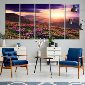 Beautiful Mountain Sunset Landscape with Purple Flowers