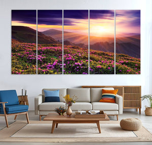Beautiful Mountain Sunset Landscape with Purple Flowers