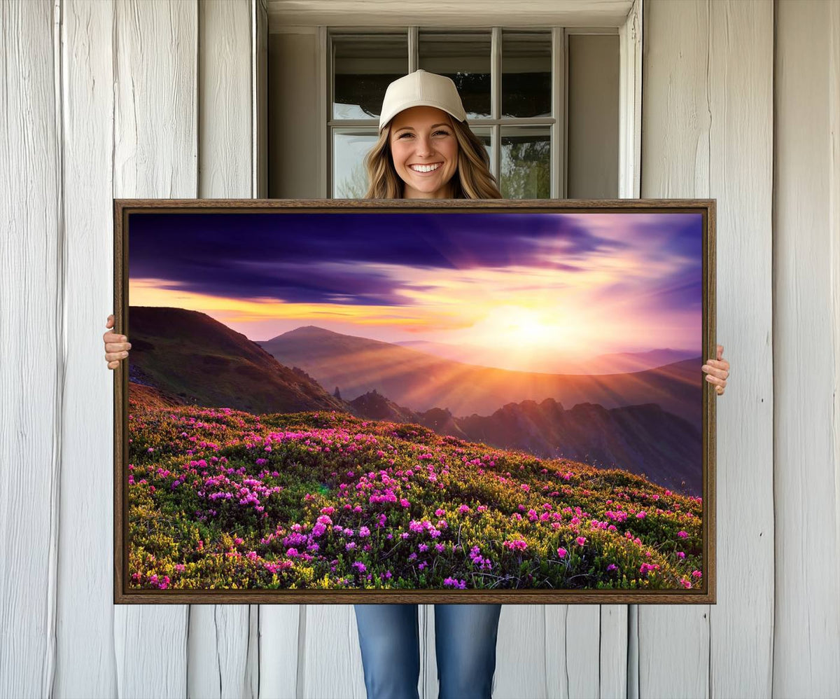 Beautiful Mountain Sunset Landscape with Purple Flowers