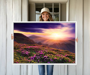 Beautiful Mountain Sunset Landscape with Purple Flowers