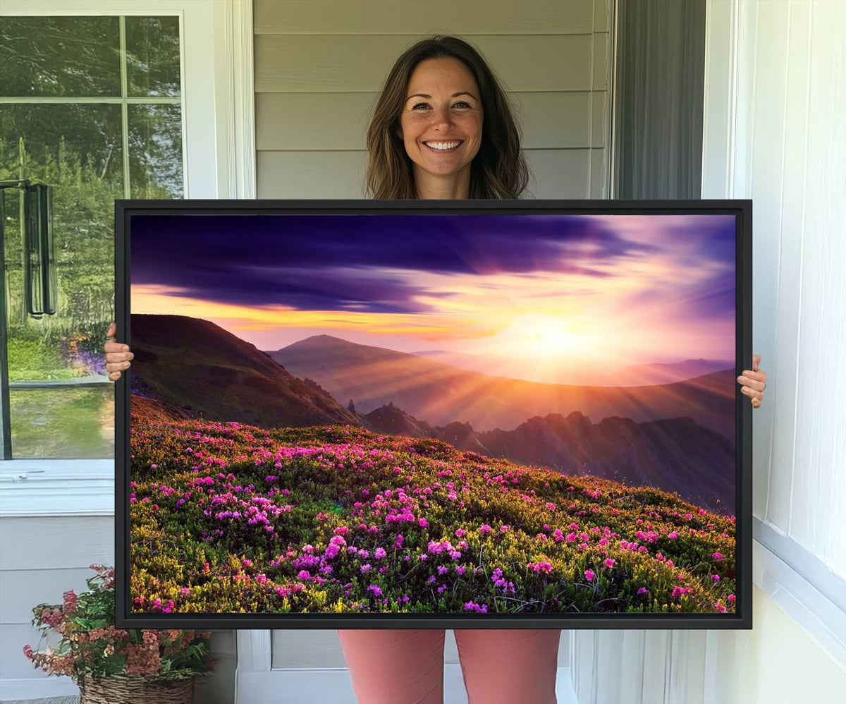 Beautiful Mountain Sunset Landscape with Purple Flowers