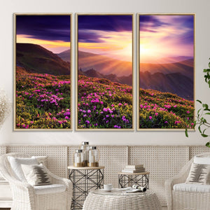 Beautiful Mountain Sunset Landscape with Purple Flowers
