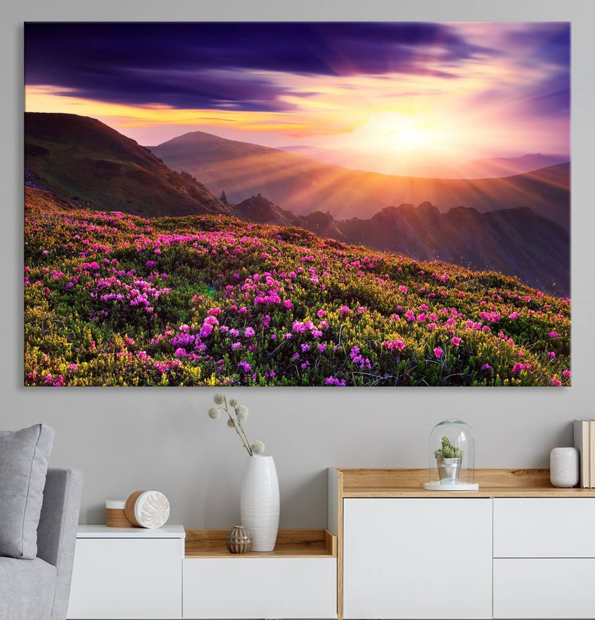 Beautiful Mountain Sunset Landscape with Purple Flowers