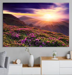 Beautiful Mountain Sunset Landscape with Purple Flowers