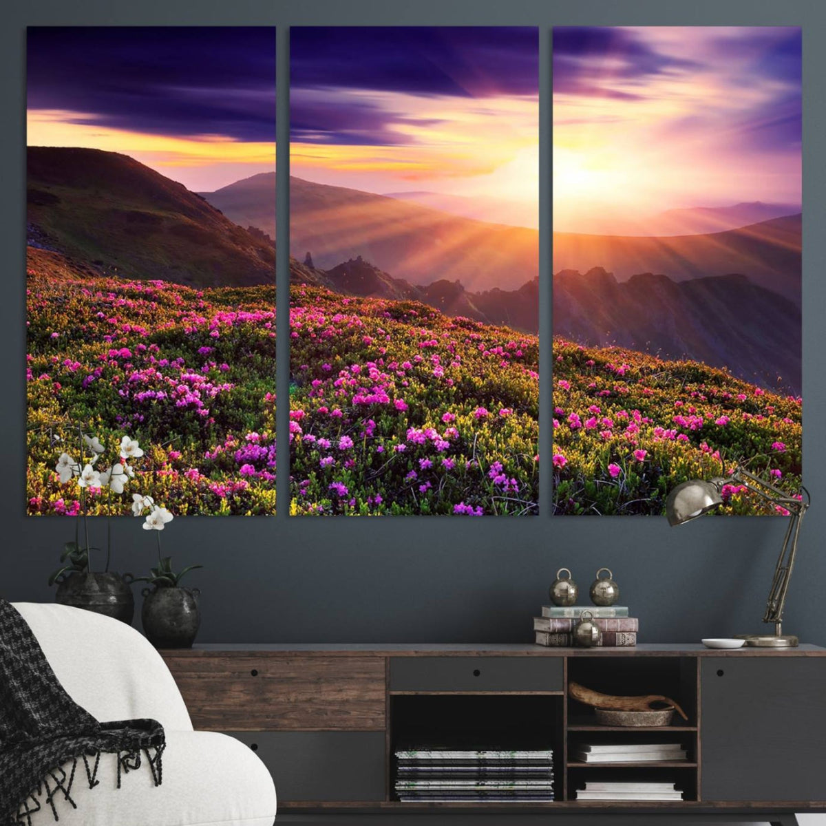 Beautiful Mountain Sunset Landscape with Purple Flowers