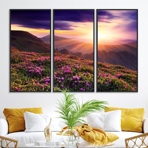Beautiful Mountain Sunset Landscape with Purple Flowers