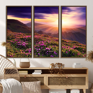 Beautiful Mountain Sunset Landscape with Purple Flowers
