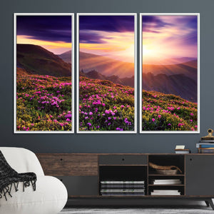 Beautiful Mountain Sunset Landscape with Purple Flowers