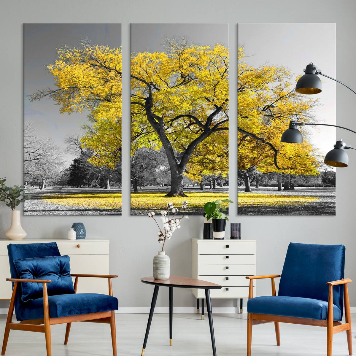 Big Yellow Tree Canvas Wall Art Print Black White Yellow Art
