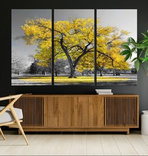 Big Yellow Tree Canvas Wall Art Print Black White Yellow Art