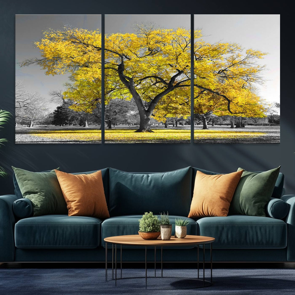 Big Yellow Tree Canvas Wall Art Print Black White Yellow Art