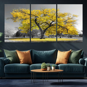 Big Yellow Tree Canvas Wall Art Print Black White Yellow Art