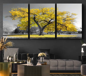Big Yellow Tree Canvas Wall Art Print Black White Yellow Art